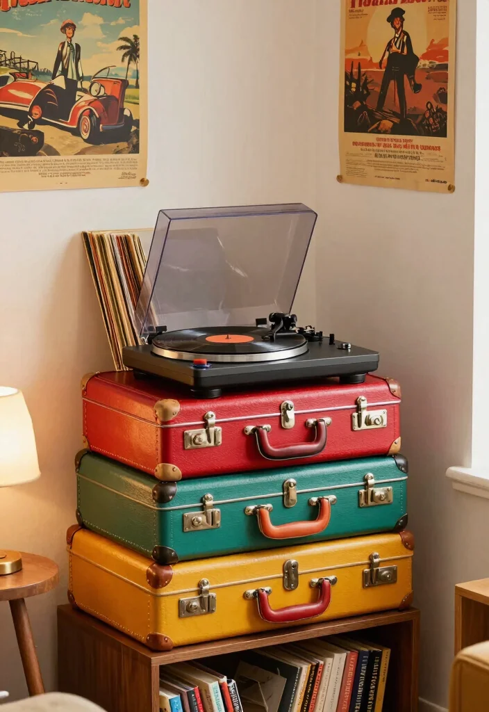 15 Record Player Bookshelf Ideas With Vintage Vibes - 8. Vintage Suitcase Storage 1