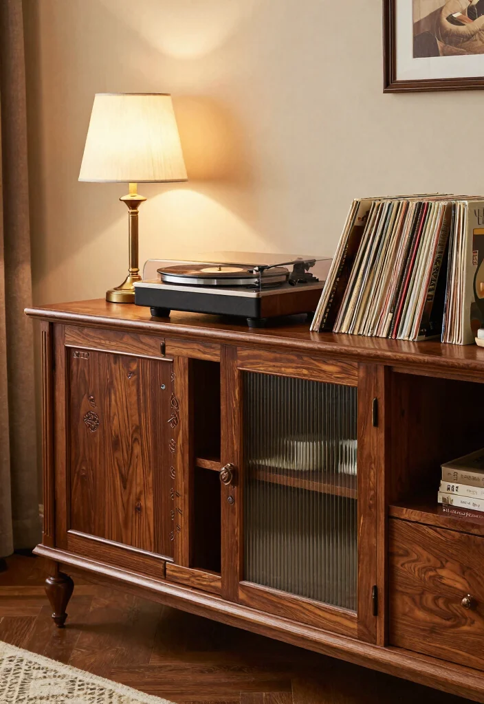 15 Record Player Bookshelf Ideas With Vintage Vibes - 9. Traditional Wooden Console 1