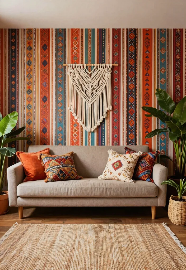 15 Stripped Wallpaper Wall Ideas With Bold Pattern - 12. Bohemian Flair 1