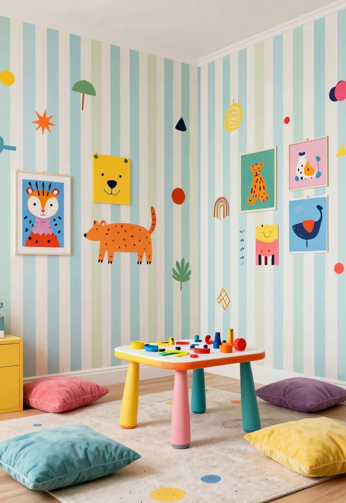 15 Stripped Wallpaper Wall Ideas With Bold Pattern - 7. Whimsical Patterns 1
