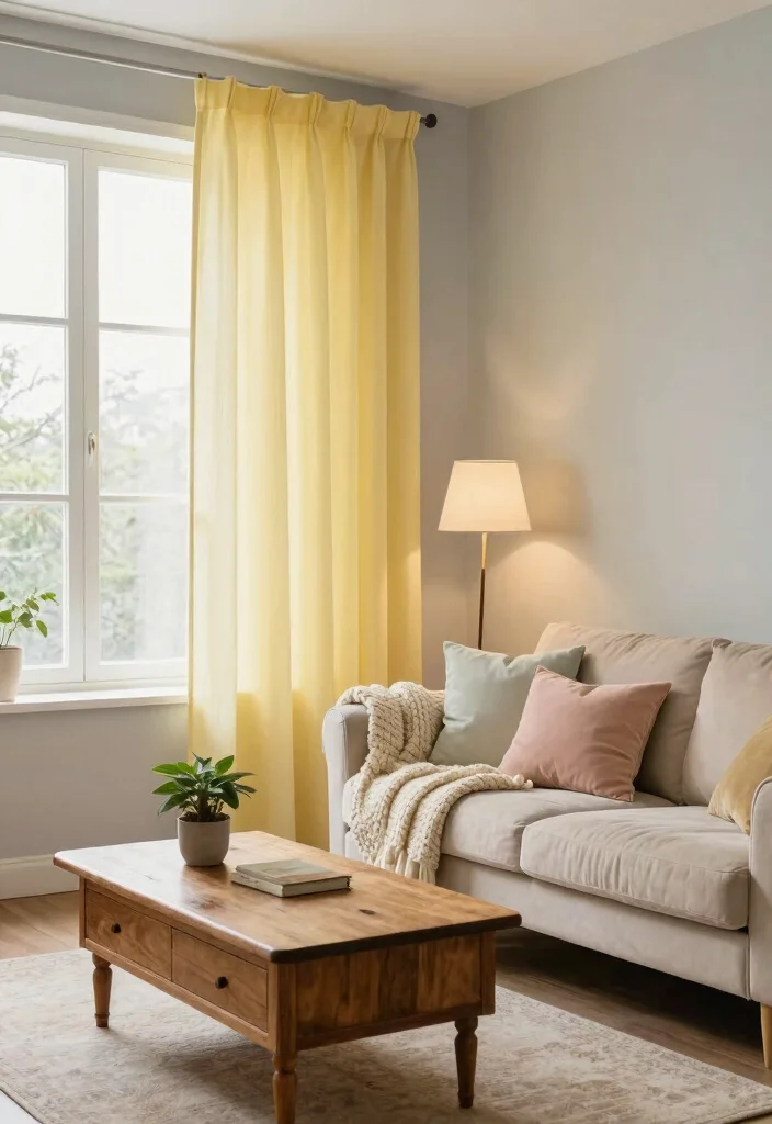 15 Yellow Curtains Living Room Ideas That Brighten Instantly - 1. Soft Pastel Yellow for a Cozy Feel 1