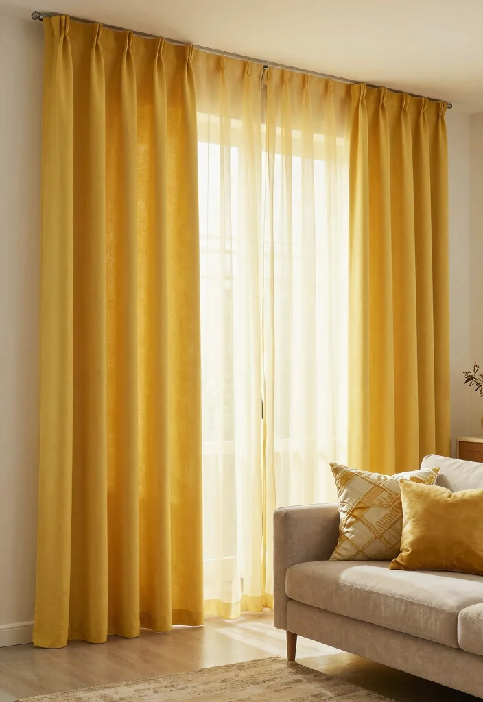 15 Yellow Curtains Living Room Ideas That Brighten Instantly - 10. Layered Yellow Curtains for Added Interest 1