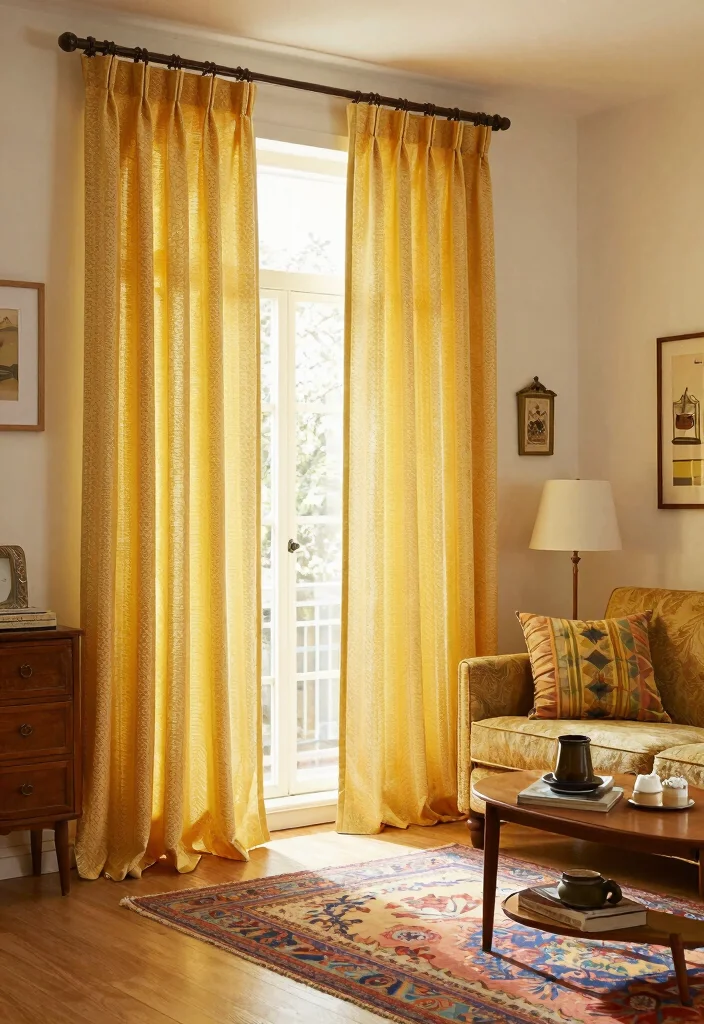 15 Yellow Curtains Living Room Ideas That Brighten Instantly - 11. Vintage Yellow Curtains for a Timeless Appeal 1