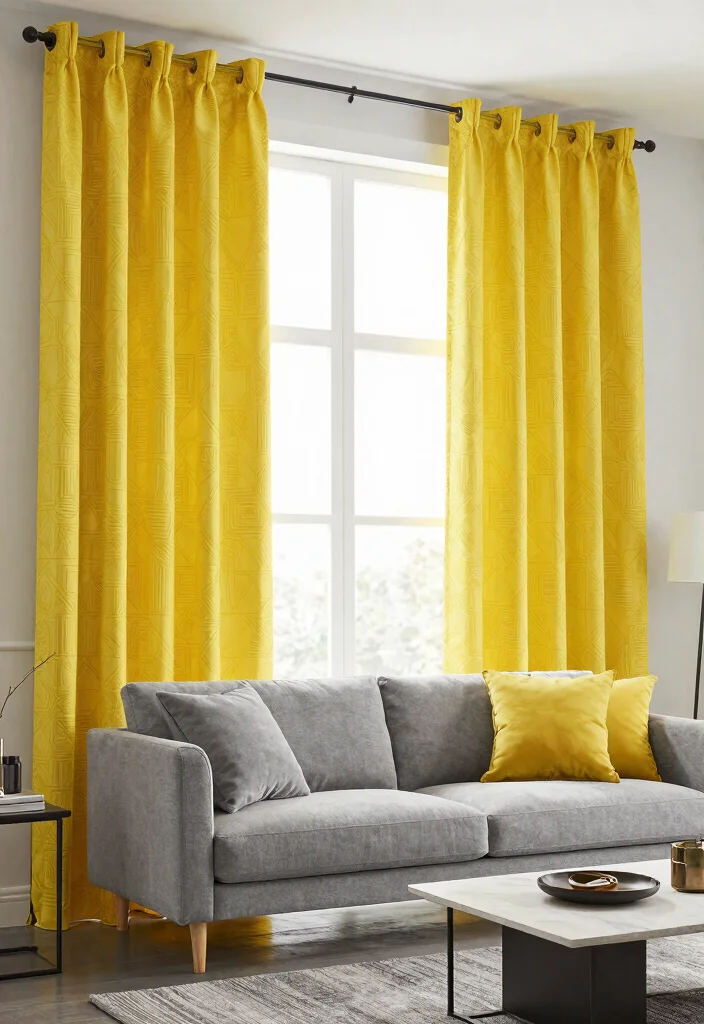 15 Yellow Curtains Living Room Ideas That Brighten Instantly - 12. Yellow Curtains with Bold Patterns for a Statement Look 1