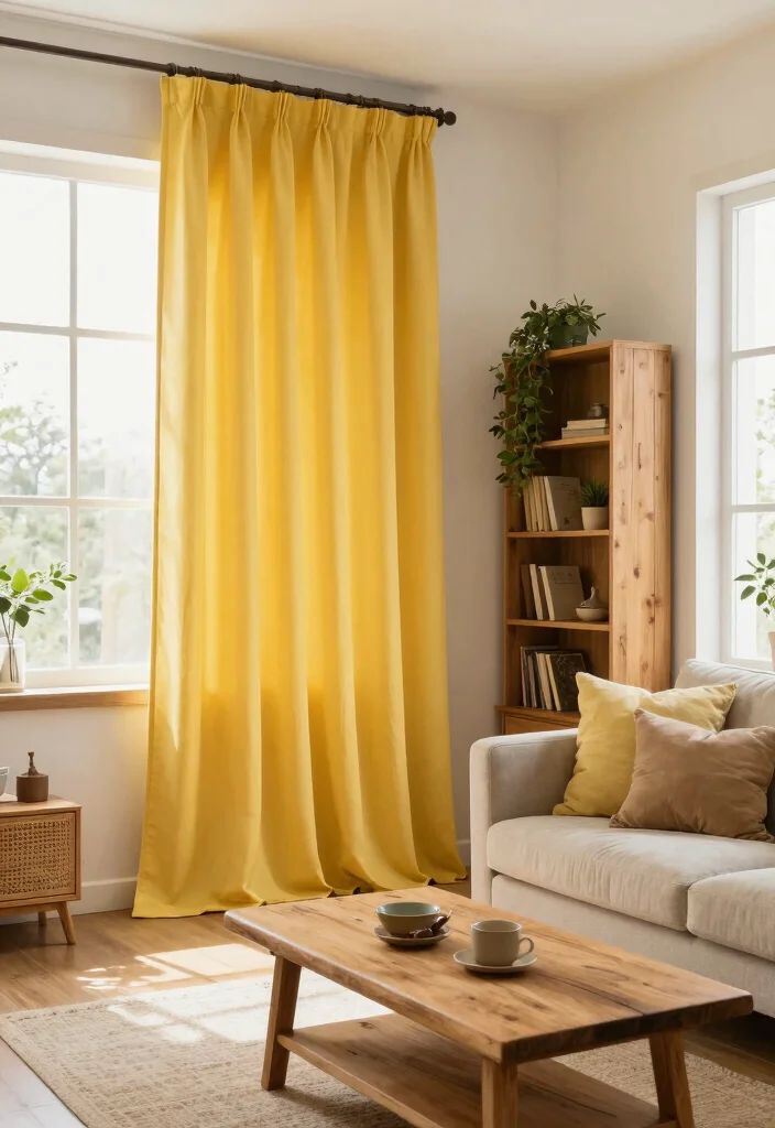 15 Yellow Curtains Living Room Ideas That Brighten Instantly - 13. Yellow Curtains and Natural Wood Accents 1