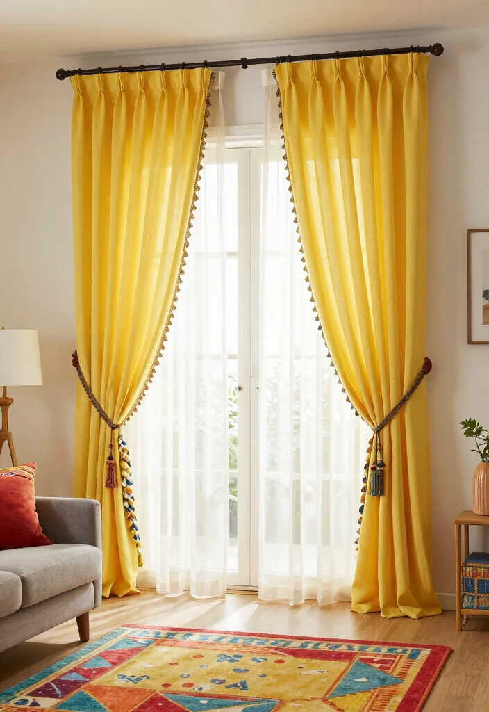 15 Yellow Curtains Living Room Ideas That Brighten Instantly - 14. Mix and Match Yellow Curtains with Different Styles 1