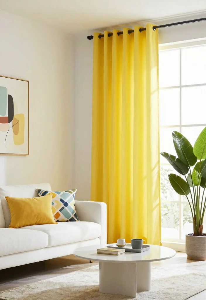 15 Yellow Curtains Living Room Ideas That Brighten Instantly - 2. Bright Lemon Yellow for a Vibrant Touch 1