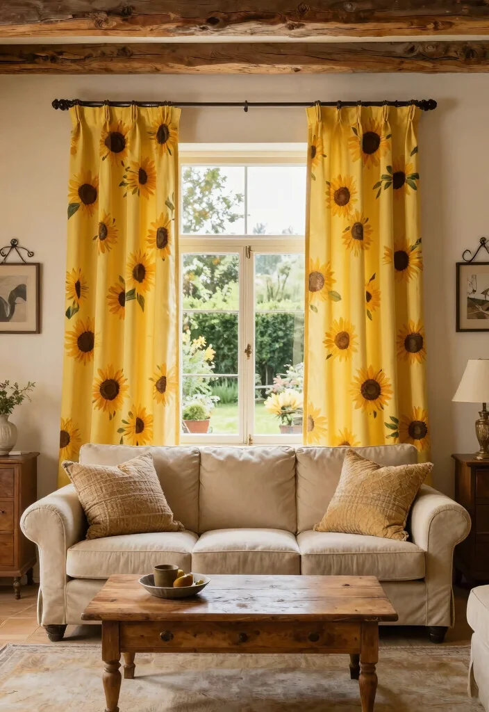 15 Yellow Curtains Living Room Ideas That Brighten Instantly - 3. Sunflower Yellow for Rustic Charm 1