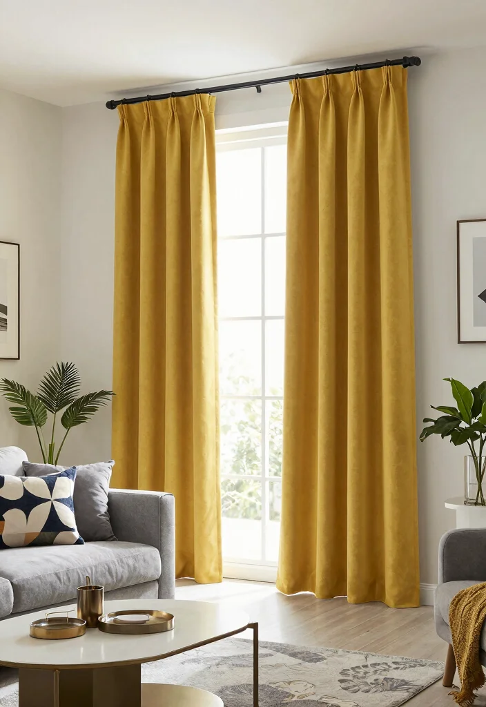 15 Yellow Curtains Living Room Ideas That Brighten Instantly - 4. Mustard Yellow for a Modern Edge 1