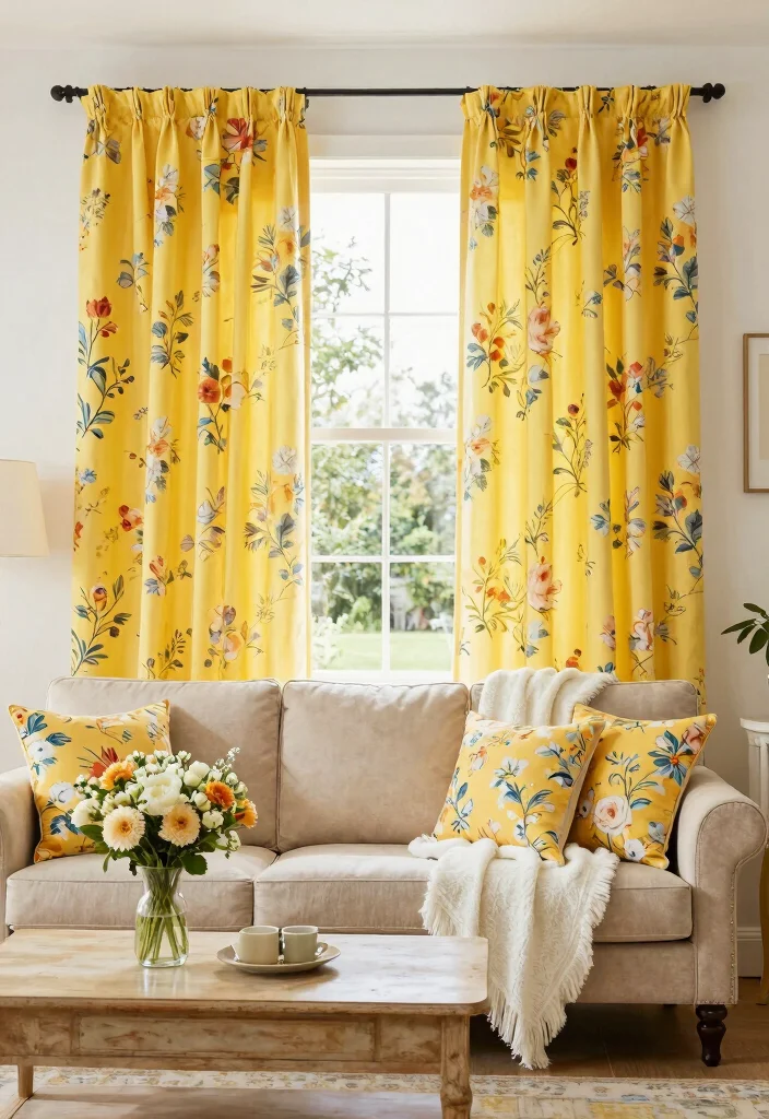 15 Yellow Curtains Living Room Ideas That Brighten Instantly - 5. Floral Print Yellow Curtains for a Fresh Feel 1