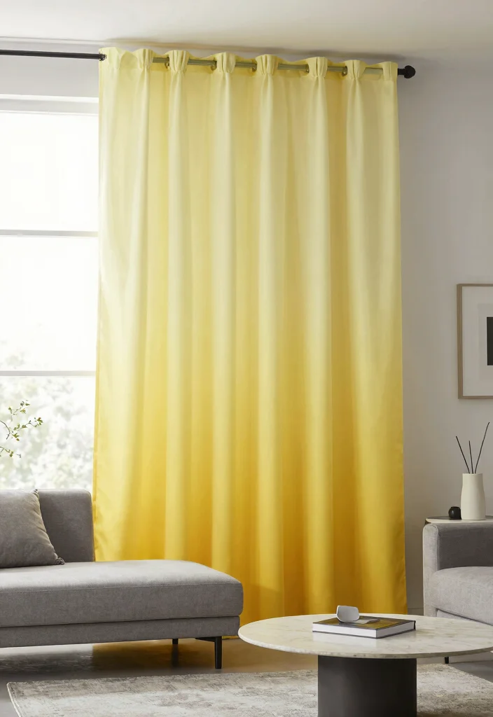 15 Yellow Curtains Living Room Ideas That Brighten Instantly - 6. Ombre Yellow Curtains for a Trendy Effect 1