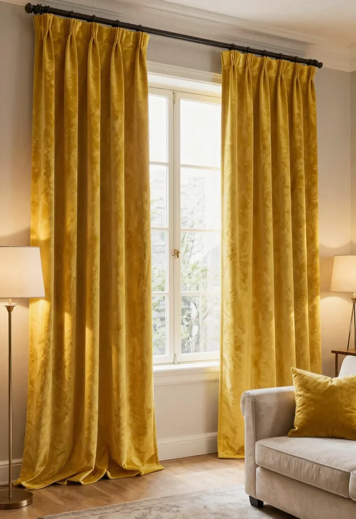15 Yellow Curtains Living Room Ideas That Brighten Instantly - 7. Textured Yellow Curtains for Depth 1