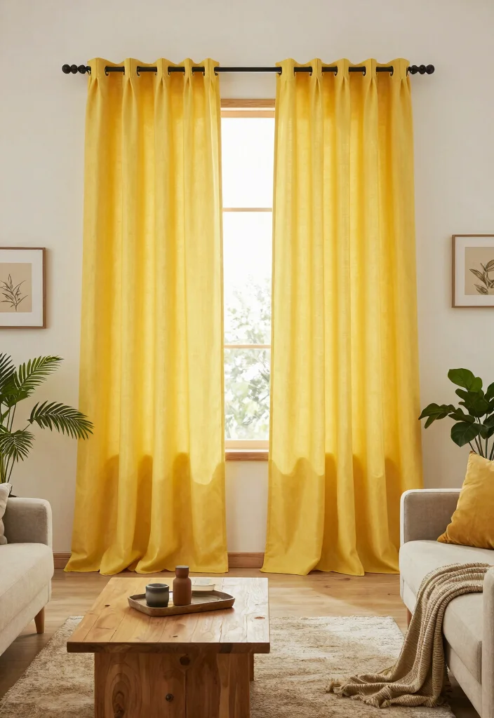 15 Yellow Curtains Living Room Ideas That Brighten Instantly - 8. Eco-Friendly Fabrics for Sustainable Living 1