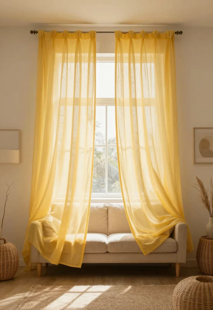 15 Yellow Curtains Living Room Ideas That Brighten Instantly - 9. Yellow Sheer Curtains for a Light and Airy Look 1