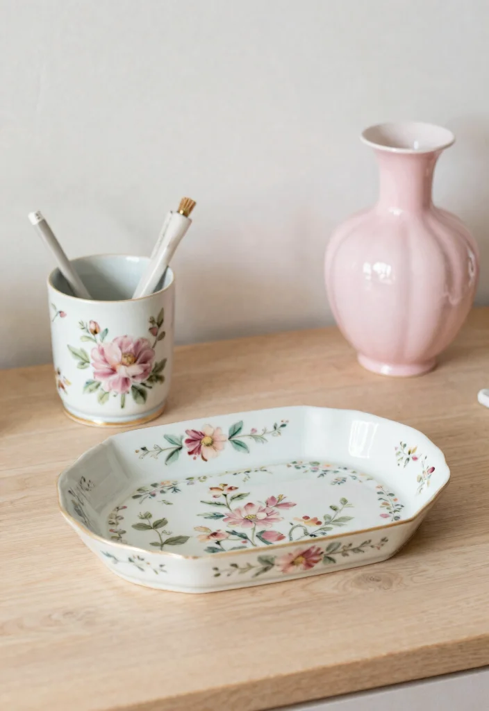 16 Coquette Desk Setup Ideas With Soft Feminine Vibes - 1. Vintage Floral Desk Accessories 1