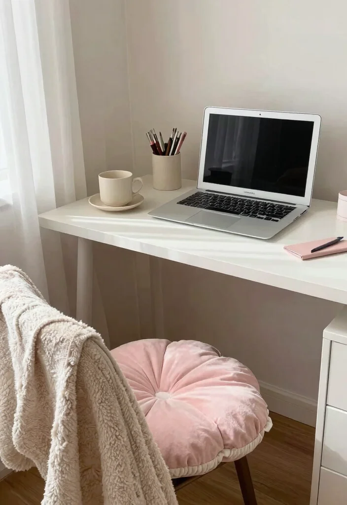 16 Coquette Desk Setup Ideas With Soft Feminine Vibes - 10. Cozy Textiles and Accents 1