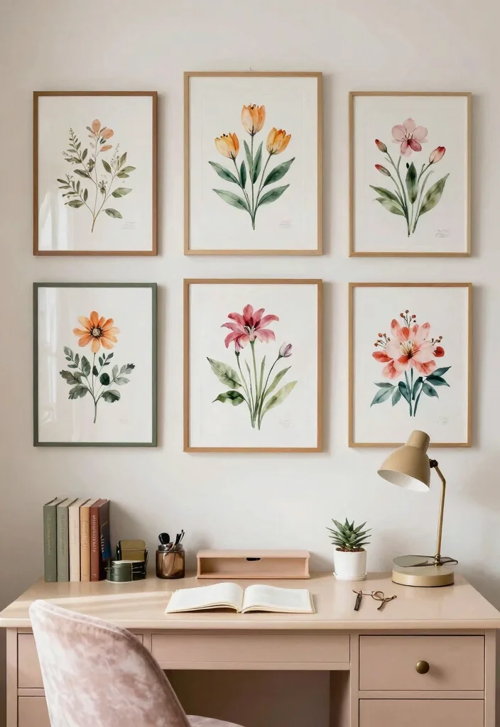 16 Coquette Desk Setup Ideas With Soft Feminine Vibes - 5. Wall Art with Floral Themes 1