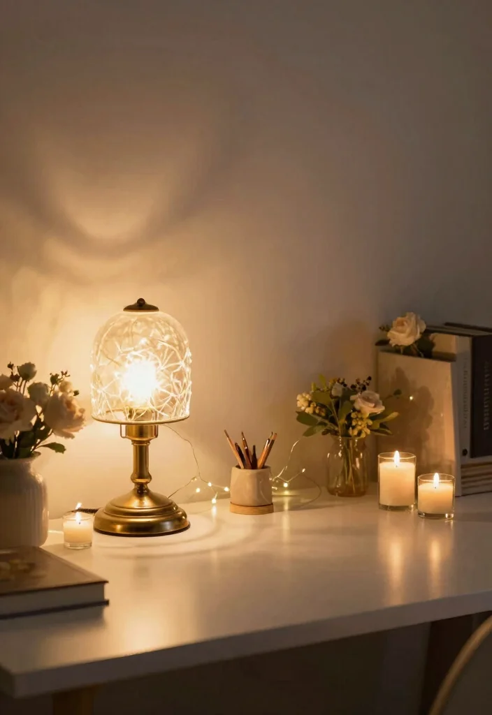 16 Coquette Desk Setup Ideas With Soft Feminine Vibes - 6. Soft Lighting Options 1