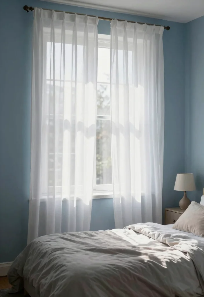 16 Curtains for Blue Walls Ideas That Match Perfectly - 1. Soft White Sheer Curtains 1