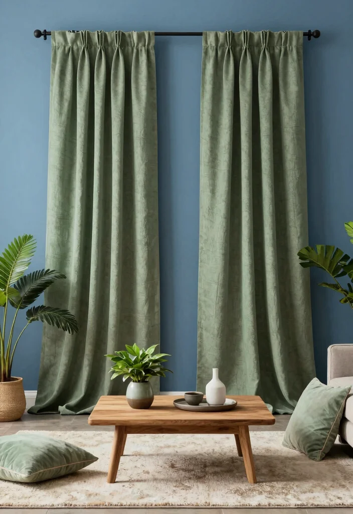 16 Curtains for Blue Walls Ideas That Match Perfectly - 2. Earthy Green Drapes 1