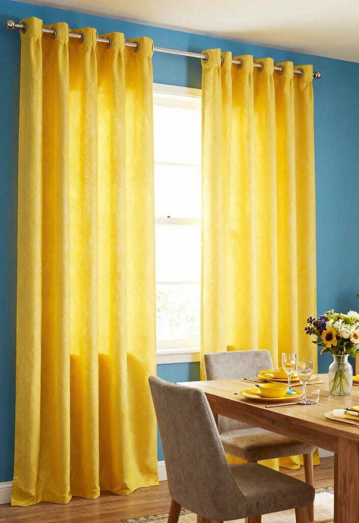 16 Curtains for Blue Walls Ideas That Match Perfectly - 3. Bold Yellow Patterns 1