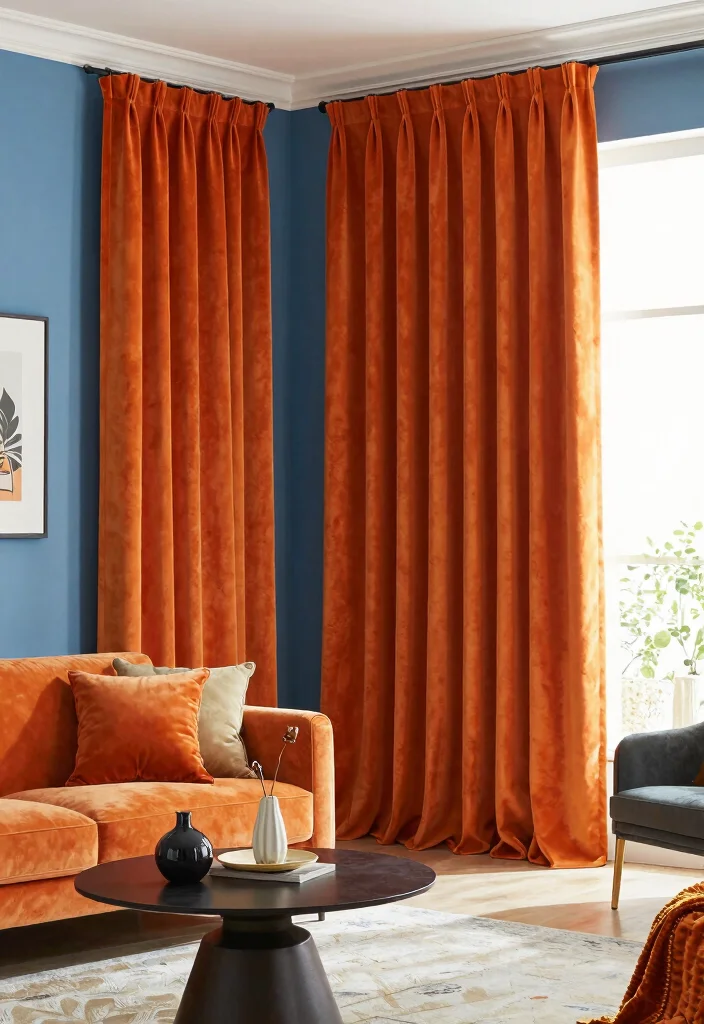 16 Curtains for Blue Walls Ideas That Match Perfectly - 6. Vibrant Orange Velvet 1