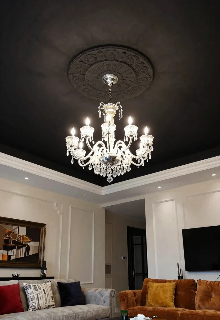 16 False Ceiling With Chandelier Ideas That Look Grand - 16. Bold Contrast 1