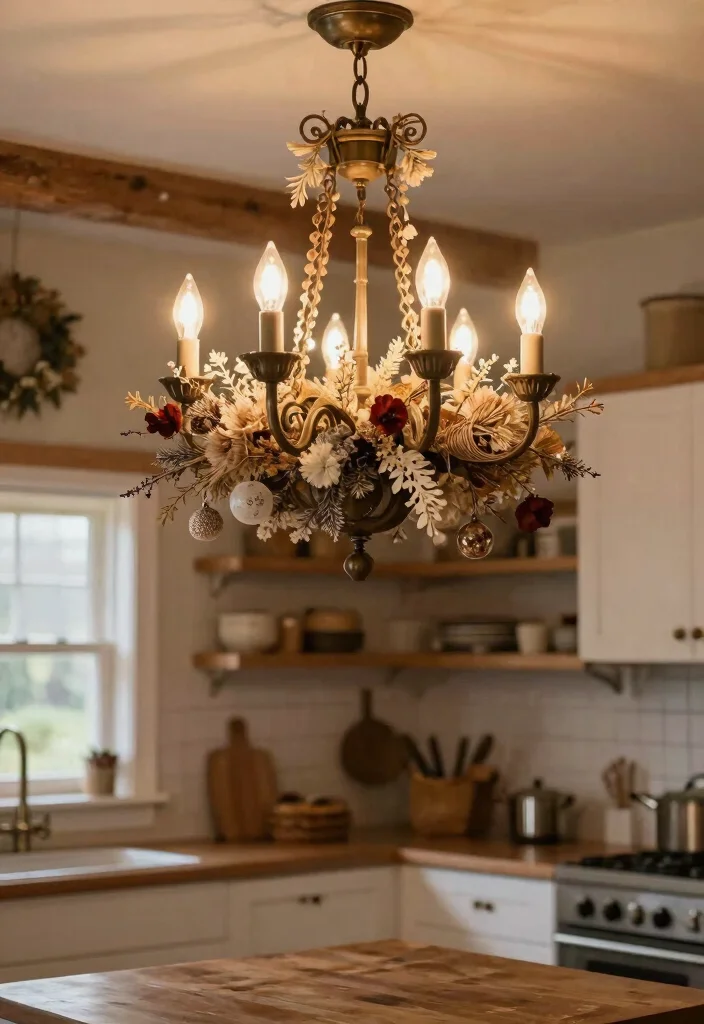 16 Farmhouse Chandelier Kitchen Ideas With Rustic Charm 65 16 Farmhouse Chandelier Kitchen Ideas With Rustic Charm - 15. Seasonal Decor Around Chandeliers 1
