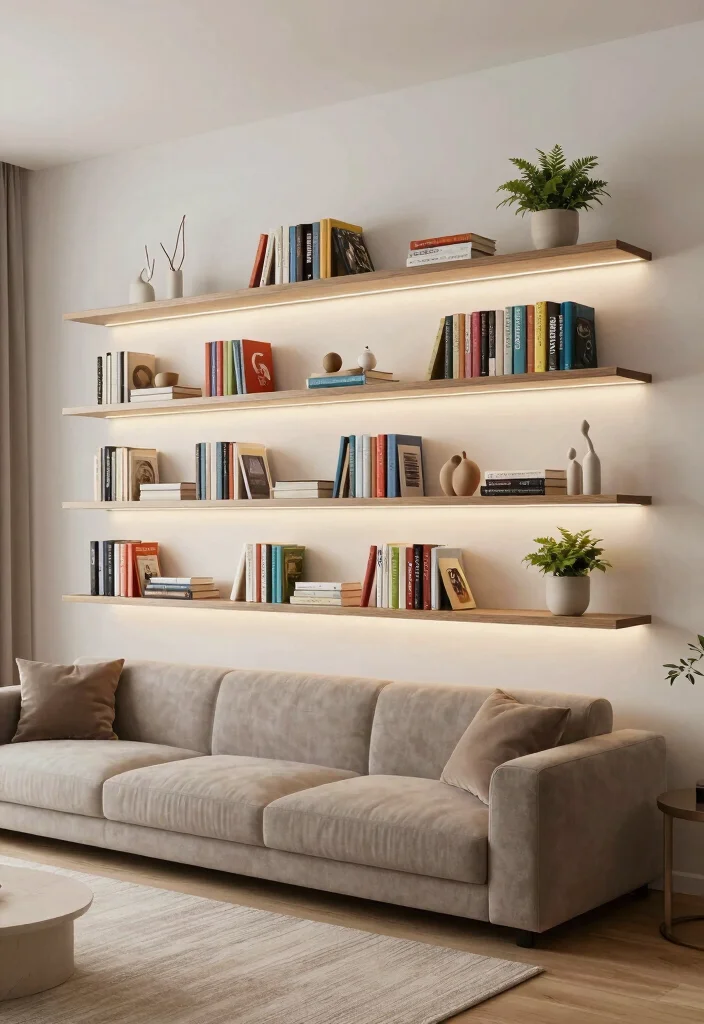 16 Living Room Bookshelf Ideas That Elevate Your Decor - 1. Floating Shelves for an Airy Feel 1