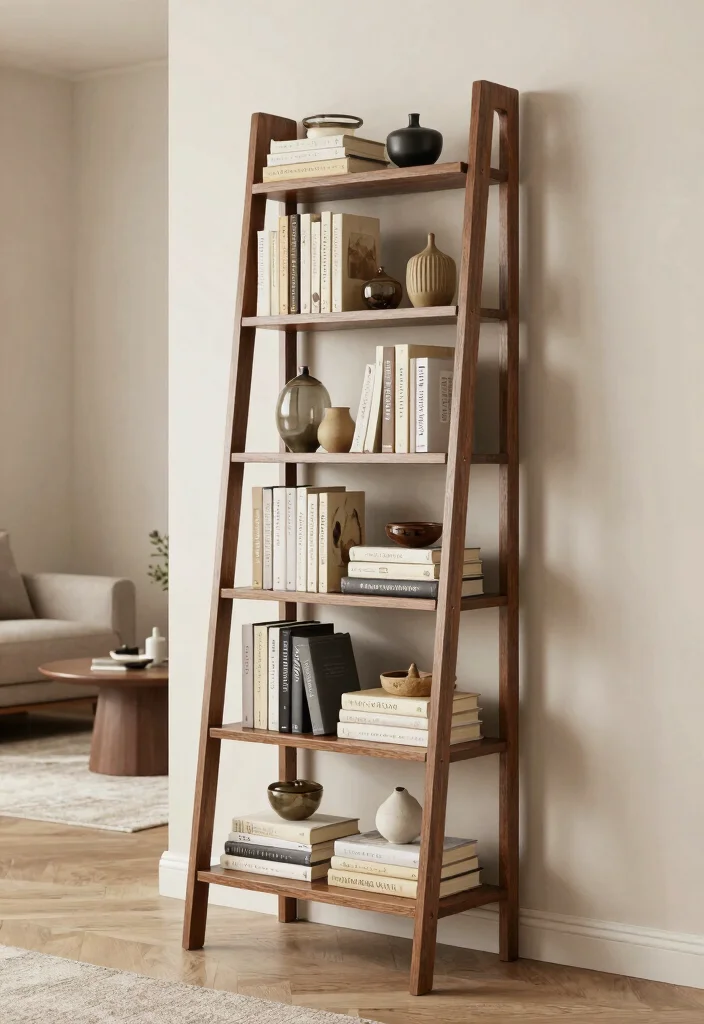 16 Living Room Bookshelf Ideas That Elevate Your Decor - 9. Ladder-Style Bookcase 1