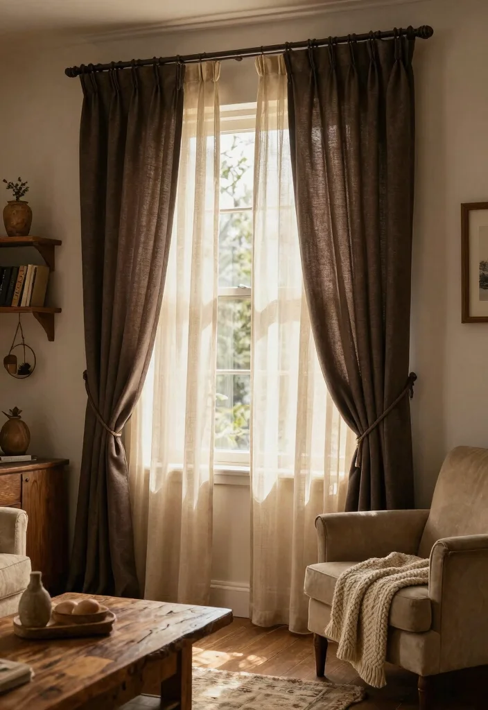 16 Sheer Curtains With Blackout Curtains Ideas That Layer Beautifully - 2. Rustic Charm with Earthy Tones 1