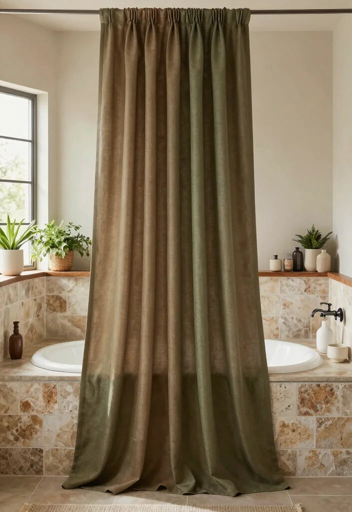 17 Bathroom Curtains Over Tub Ideas That Look Stylish - 3. Earthy Tones 1
