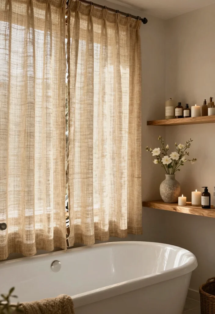 17 Bathroom Curtains Over Tub Ideas That Look Stylish - 9. Natural Fiber Beauty 1