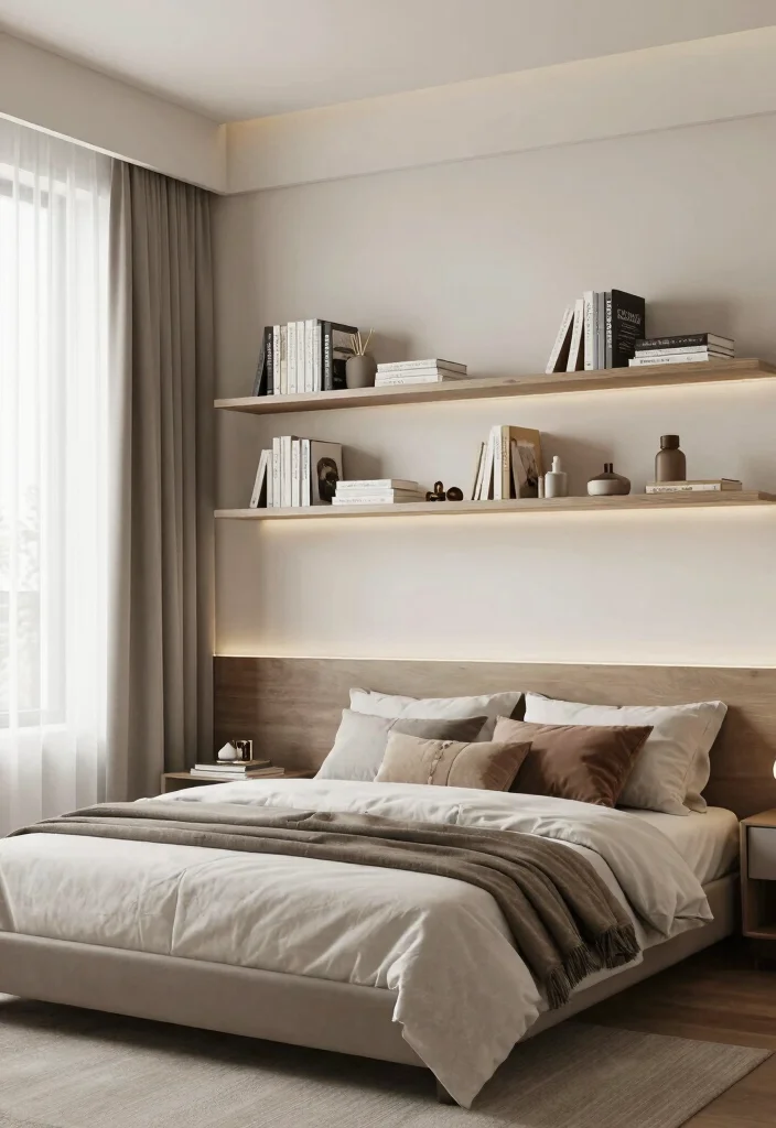 17 Bed With Bookshelf Ideas That Save Space Smartly - 12. Bed with Floating Shelves 1