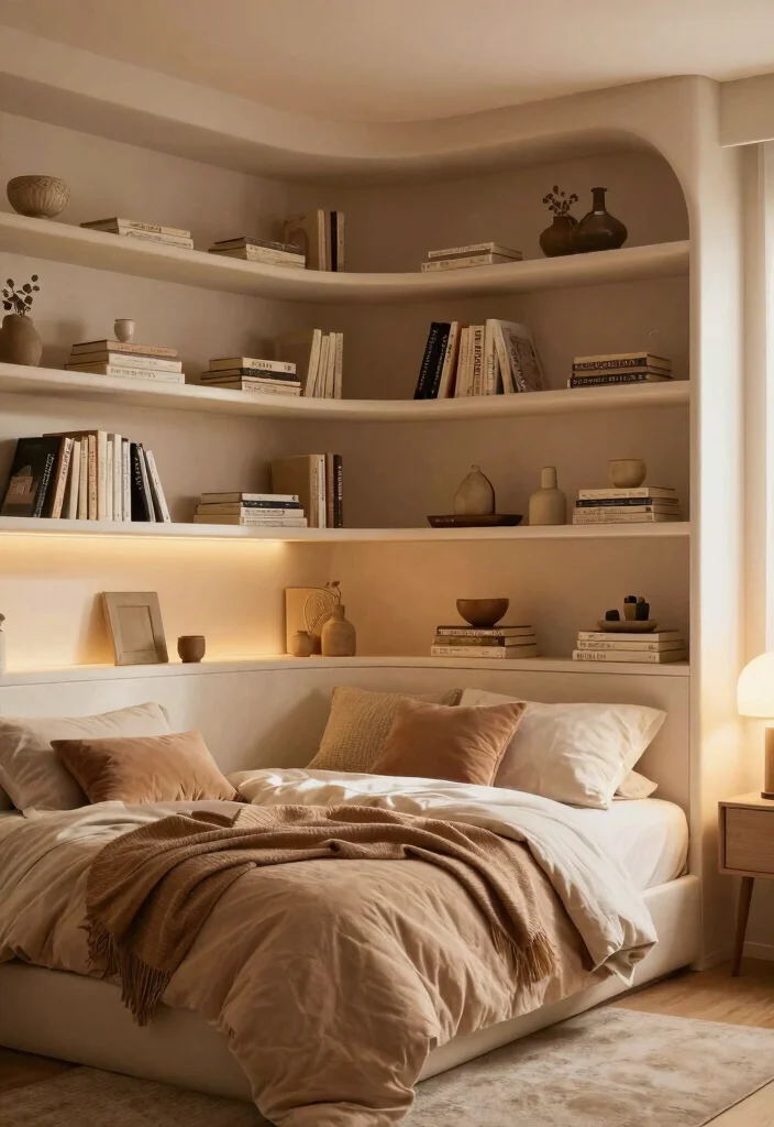 17 Bed With Bookshelf Ideas That Save Space Smartly - 14. Bed with Curved Shelving 1