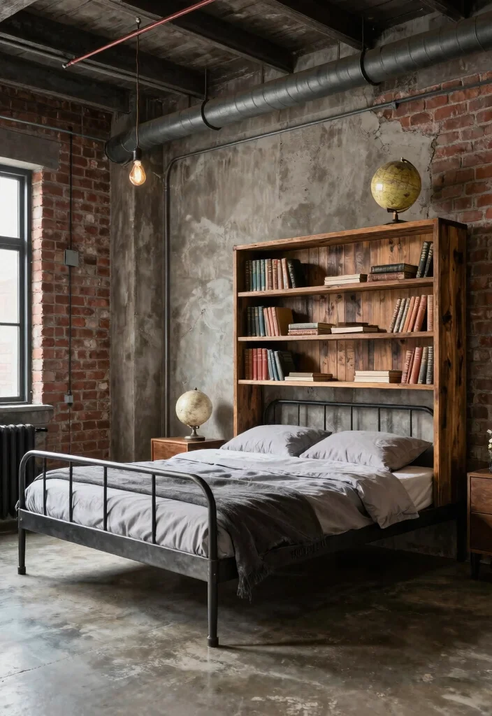 17 Bed With Bookshelf Ideas That Save Space Smartly - 3. Industrial Style Bed with Bookshelf 1