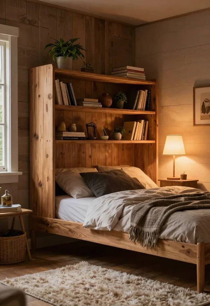 17 Bed With Bookshelf Ideas That Save Space Smartly - 6. Rustic Wood Bed with Open Shelves 1