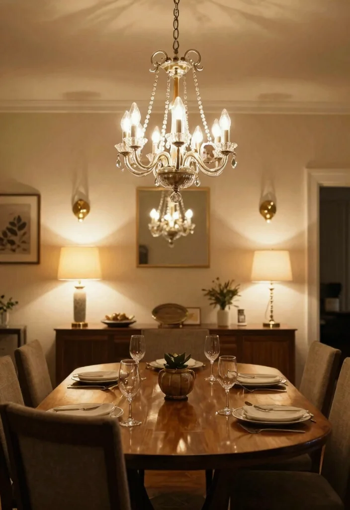 17 Glass Chandelier Dining Room Ideas With Luxe Shine - 11. Layered Lighting for Depth 1