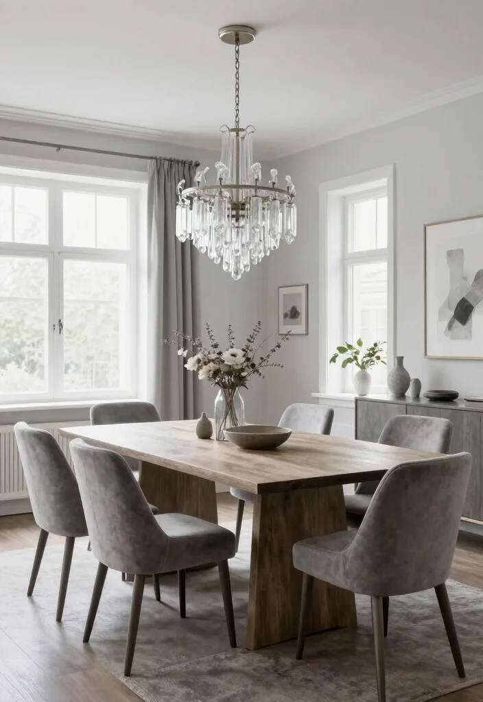 17 Glass Chandelier Dining Room Ideas With Luxe Shine - 12. Monochromatic Magic 1