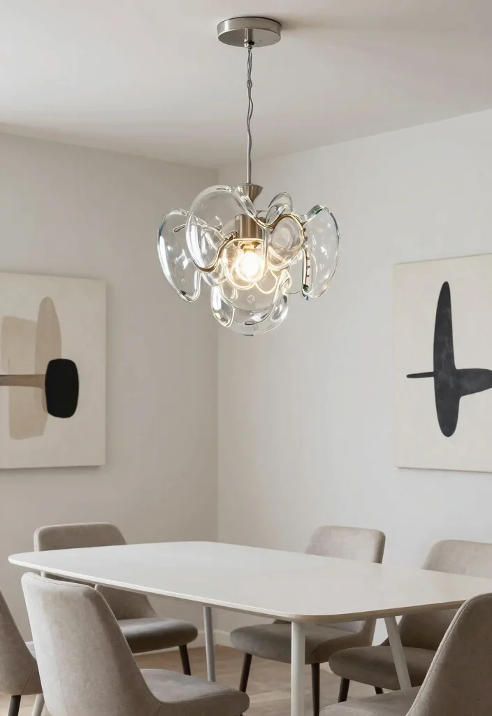 17 Glass Chandelier Dining Room Ideas With Luxe Shine - 3. Contemporary Chic with Artistic Shapes 1