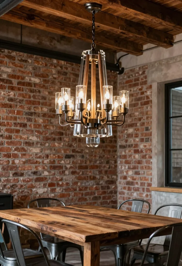 17 Glass Chandelier Dining Room Ideas With Luxe Shine - 5. Industrial Vibes with Mixed Materials 1