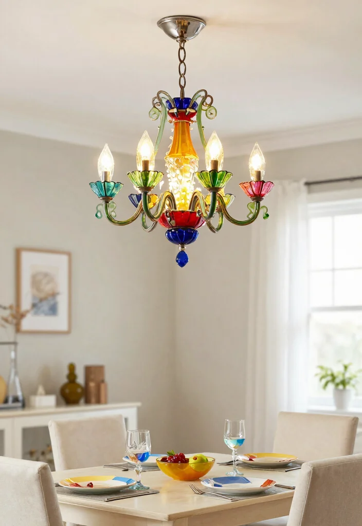 17 Glass Chandelier Dining Room Ideas With Luxe Shine - 7. Colorful Glass for a Fun Pop 1