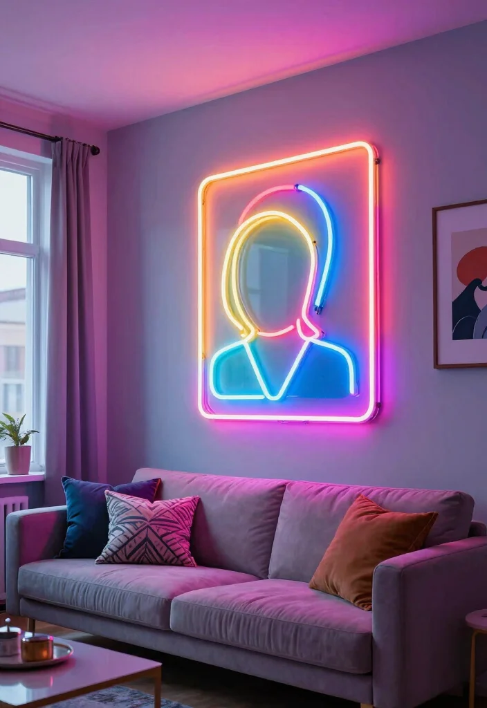 17 Lamp Living Room Ideas That Glow Beautifully - 17. Stylish Neon LED Artwork 1