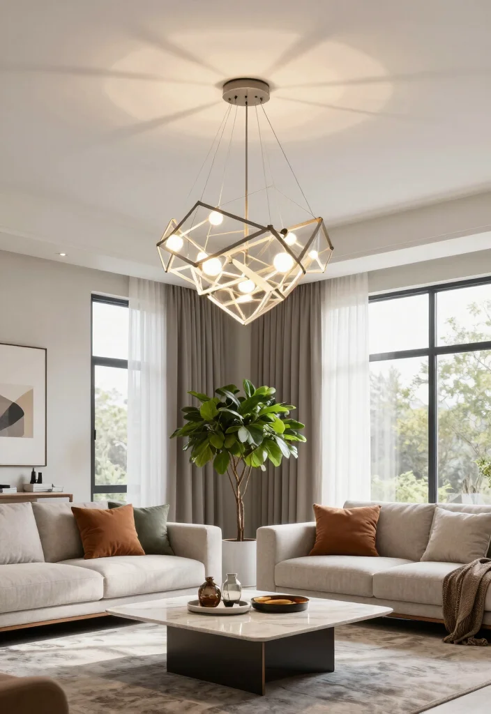 17 Lamp Living Room Ideas That Glow Beautifully - 3. Modern Geometric Pendant Light 1