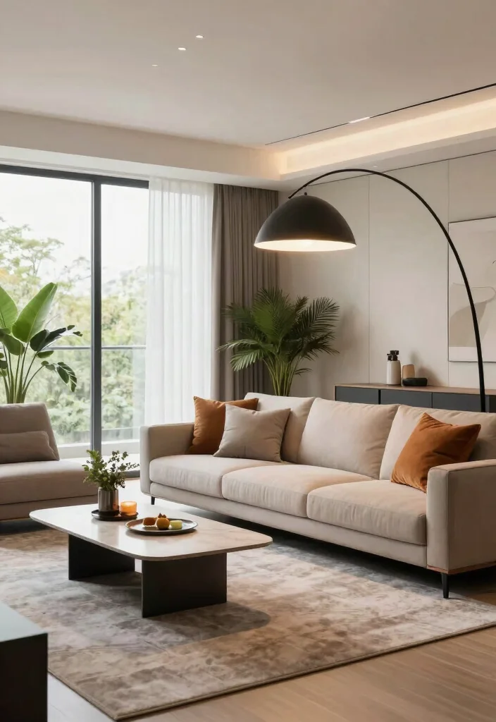 17 Lamp Living Room Ideas That Glow Beautifully - 7. Statement Arc Floor Lamp 1