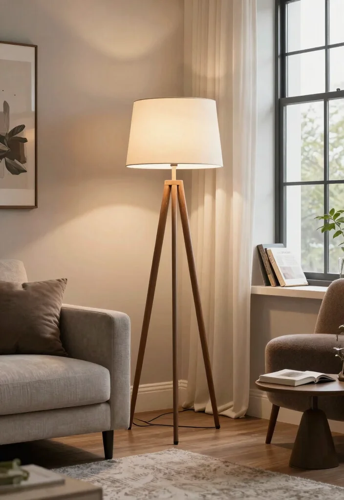17 Lamp Living Room Ideas That Glow Beautifully - 9. Stylish Tripod Floor Lamp 1