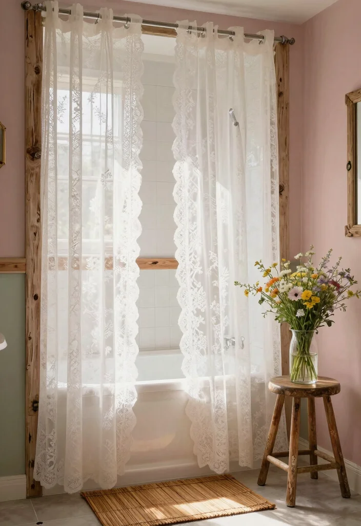 17 Using Curtains as Shower Curtains Ideas That Feel Creative - 1. Vintage Lace for a Romantic Touch 1