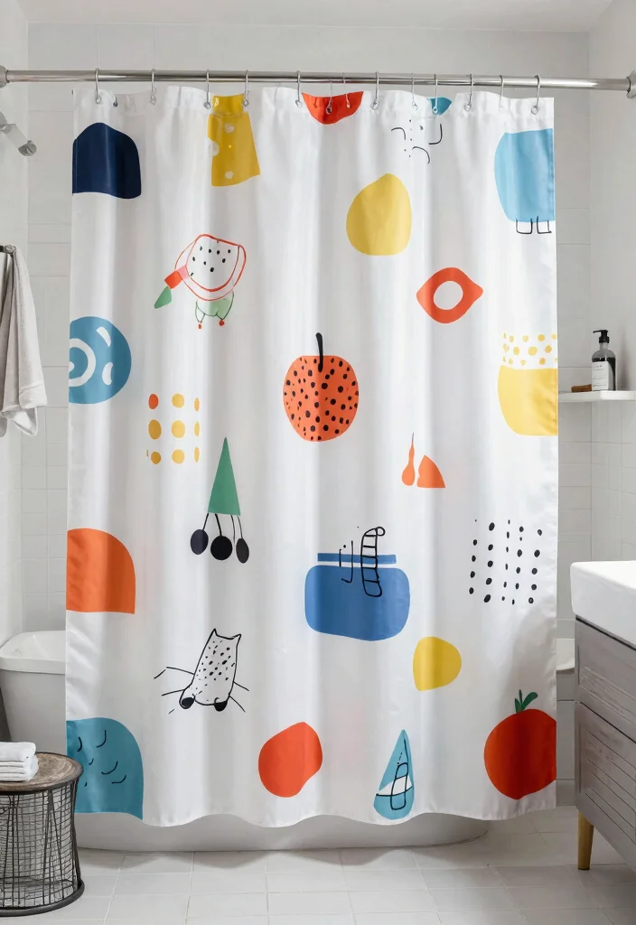 17 Using Curtains as Shower Curtains Ideas That Feel Creative - 15. Graphic Designs for a Playful Touch 1