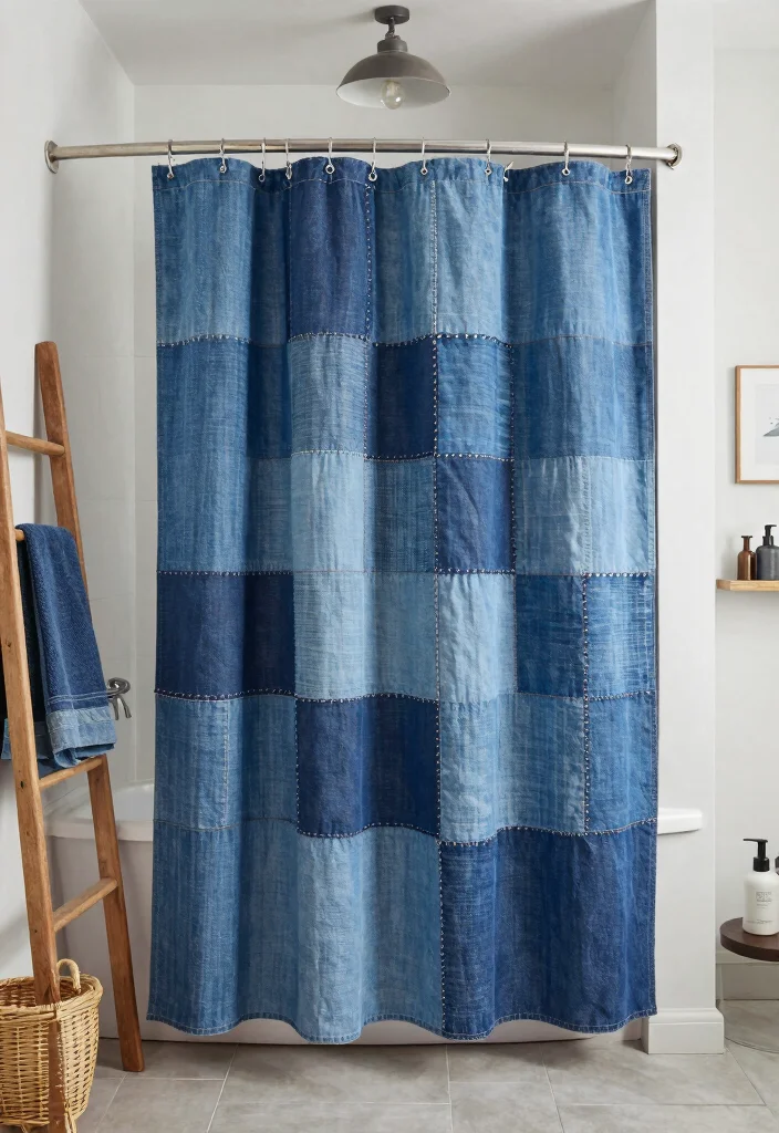 17 Using Curtains as Shower Curtains Ideas That Feel Creative - 4. Upcycled Denim for a Trendy Twist 1