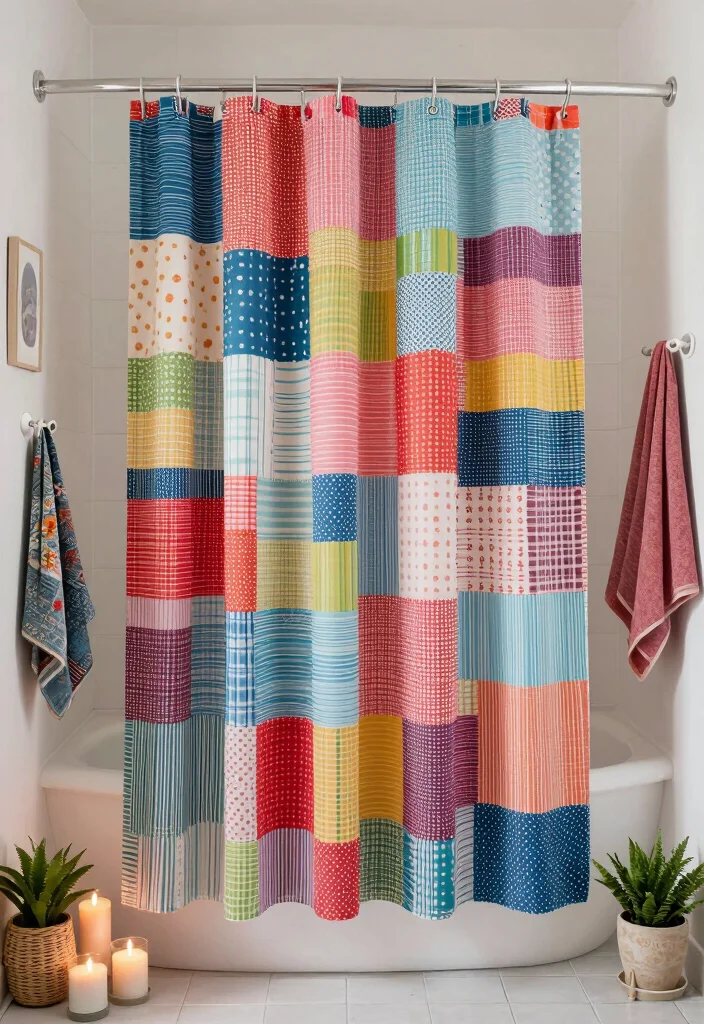 17 Using Curtains as Shower Curtains Ideas That Feel Creative - 8. Repurposed Fabric Swatches for a Patchwork Design 1